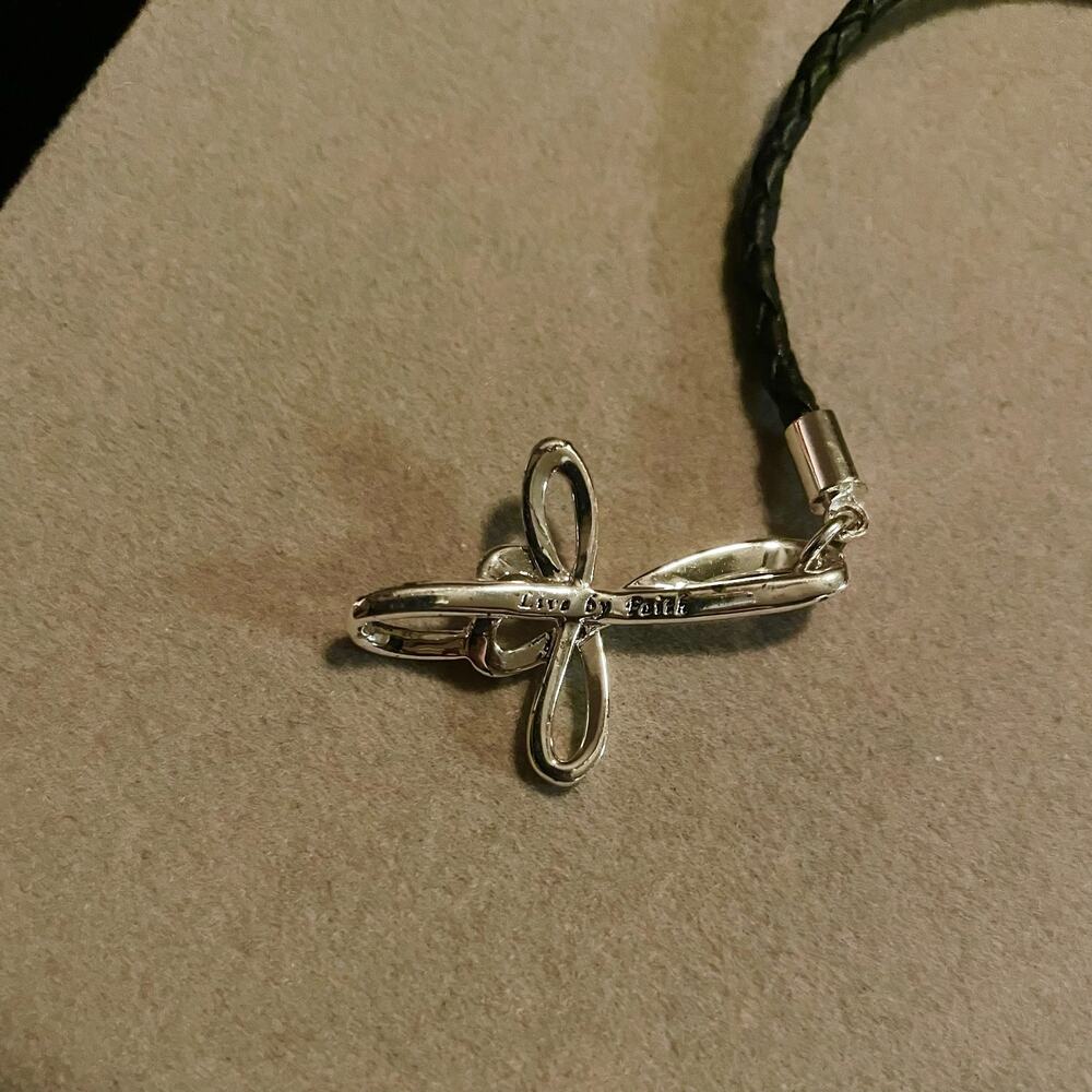 ‘Live by Faith’ Silver Tone Cross Black Leather Braided Cord Bracelet - Picture 4 of 4